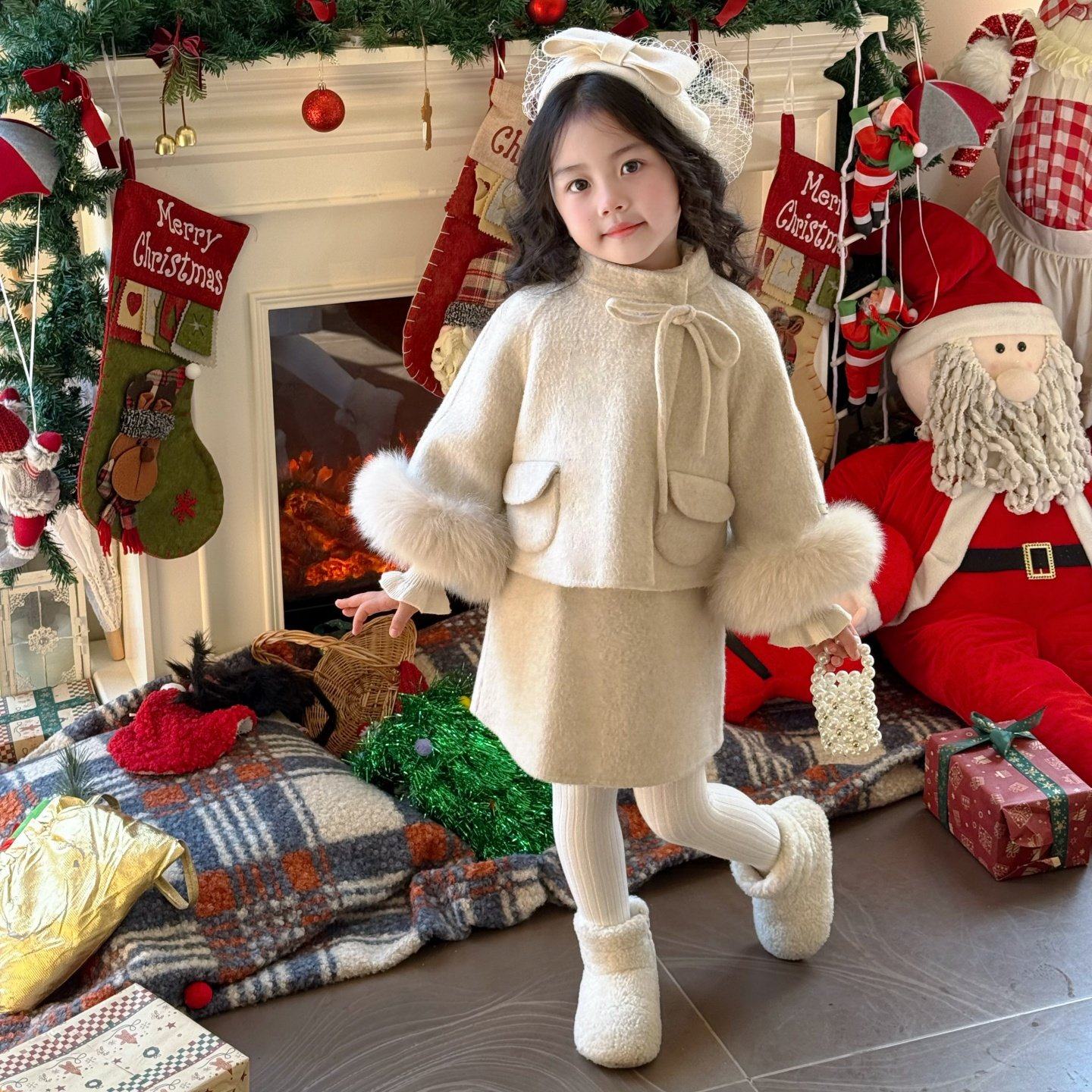 欧洲站女童富家千金感毛呢套装冬儿童双面呢外套小香风背心裙女宝