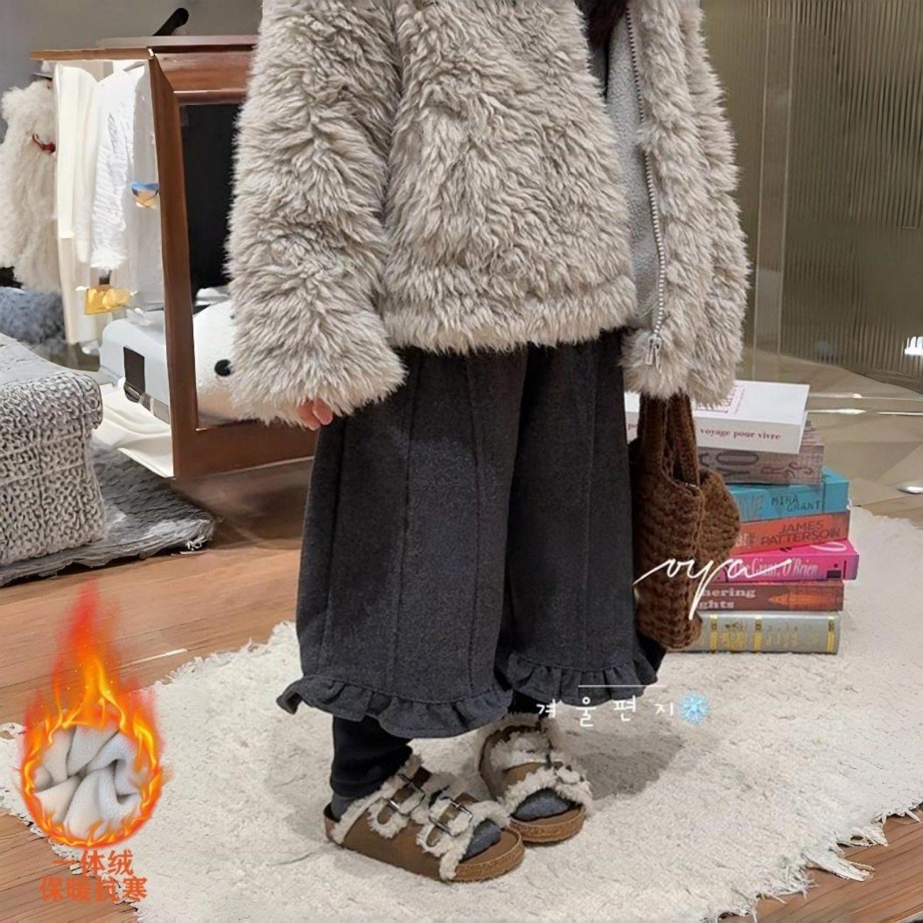 欧洲站女童毛呢阔腿裤2025秋冬新款儿童韩版加厚加绒假两件长裤宝