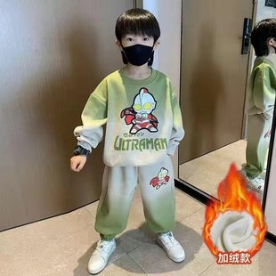 欧洲站男童冬季套装奥特曼衣服一体绒加绒加厚卫衣中小童帅气潮酷