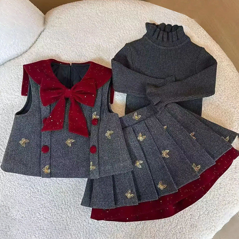 欧洲站女童冬季加厚保暖三件套2025新款女孩蝴蝶结背心毛衣百褶裙