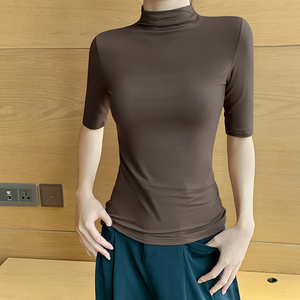 中袖白色新款t恤半高领短袖打底衫女士夏季内搭薄款半袖上衣潮