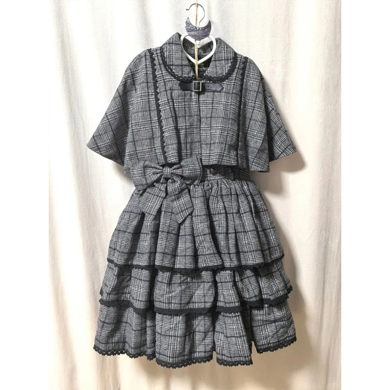 格纹斗篷双排扣系带连衣裙两件套