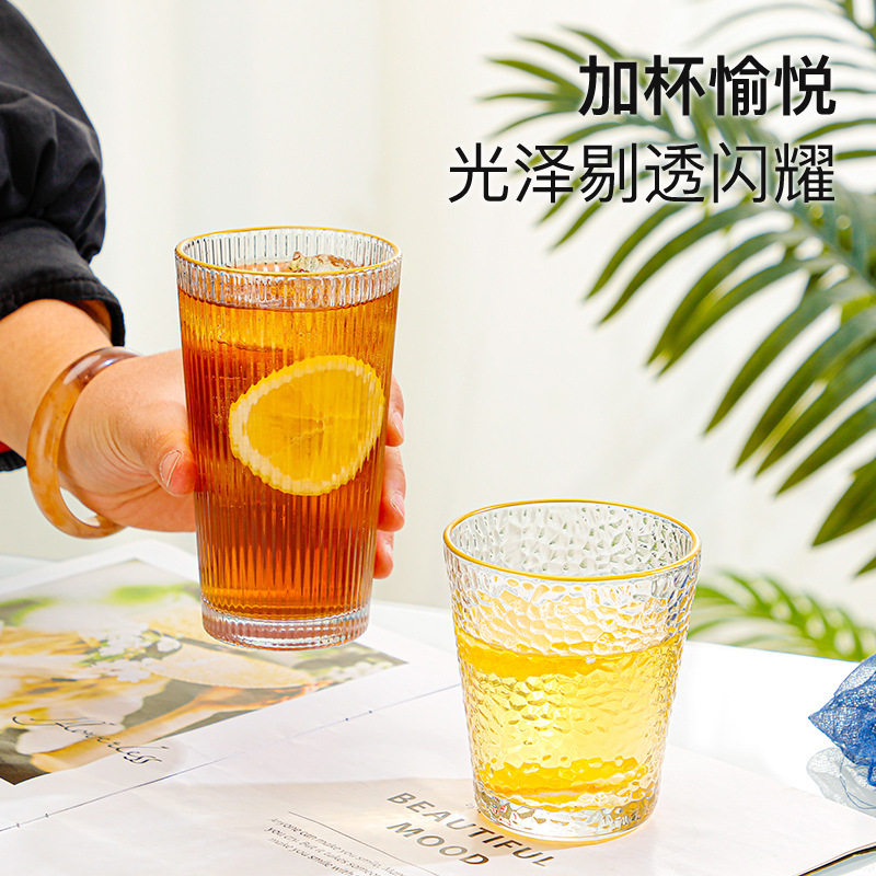 日式金边锤纹杯家用创意果汁饮料玻璃水杯ins风女生喝水礼品杯子图片