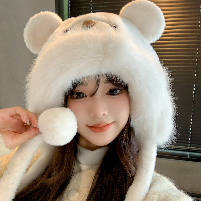 毛绒小熊耳朵帽子女秋冬季加厚保暖护耳套头帽可爱雷锋帽骑车帽子