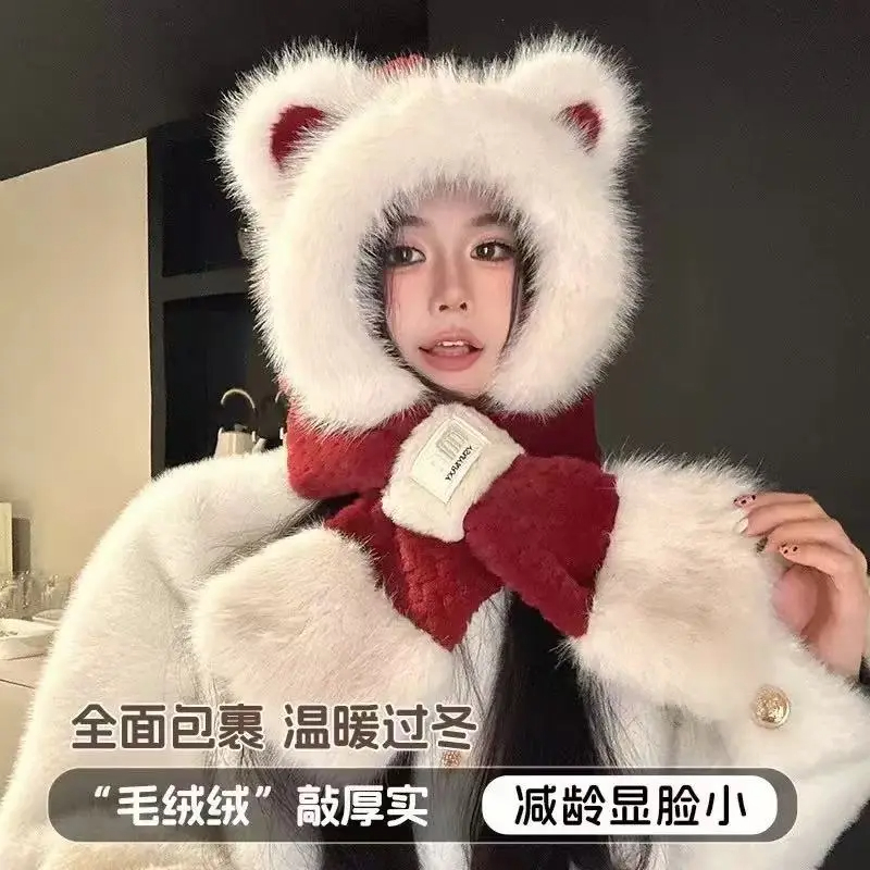 冬季新款小熊耳朵毛绒帽子女冬季帽子围脖一体保暖防寒骑车护耳帽