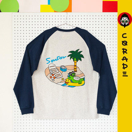 corade宝葫芦 悠闲沙滩恐龙插肩长袖T恤 原创国潮情侣嘻哈青少年