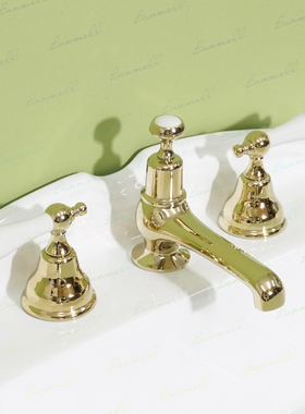 过WS 出口英国原单 NP嘴 陶瓷双开关把手 三孔金色复古面盆水龙头