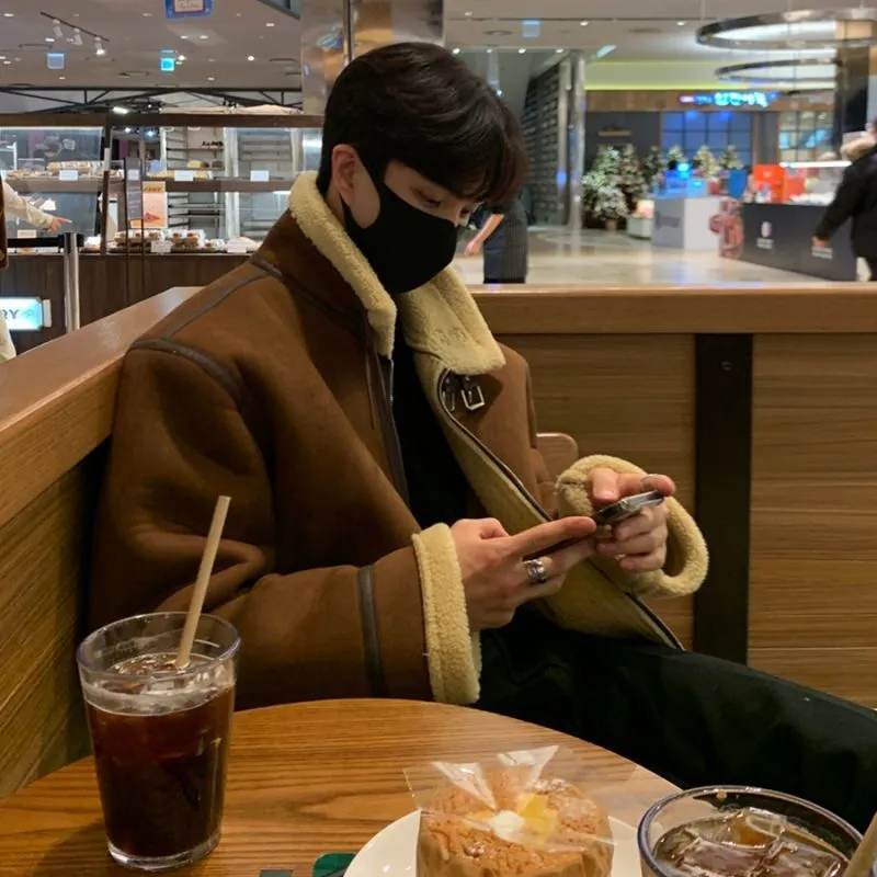 羊羔毛立领棉衣外套男冬季美式复古机车棉服加厚保暖麂皮绒棉袄子