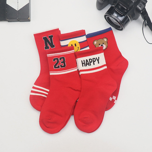 儿童新年袜子秋冬季男童女童中大童龙年过年本命年红色纯棉中筒袜