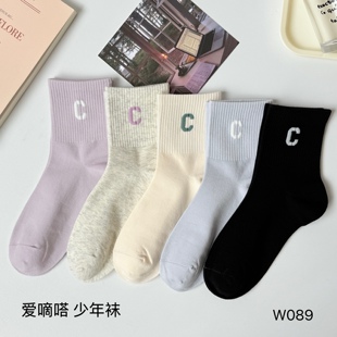 爱滴嗒纯棉袜子春秋中筒袜女款运动风无骨长袜配鲨鱼裤潮大童学生