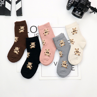 儿童冬季加绒保暖毛巾袜男孩女孩纯棉中长筒袜韩版ins小熊毛圈袜