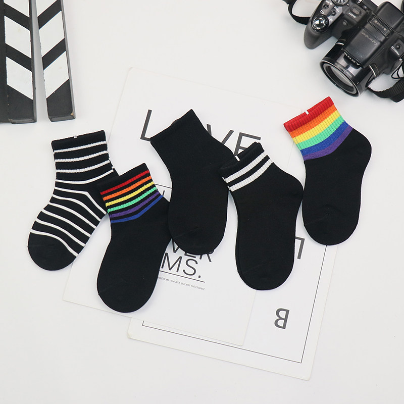 彩虹袜子男童女童中筒袜春季纯棉潮韩版小中童黑色女孩薄款浅口袜
