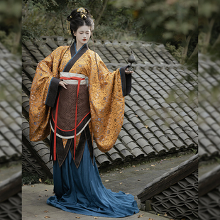 卿如故原创汉服魏晋南北朝复原杂裾五件套装仿蜀锦交领拖尾神仙服