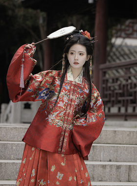 卿如故原创汉服明制对襟短袄红色上衣立领方领婚服套装现款订婚服