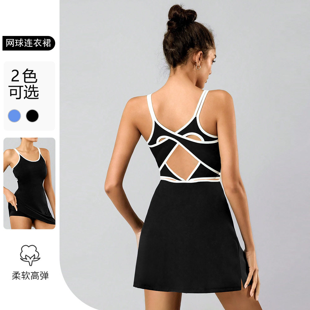 伽伊人瑜伽运动速干连衣裙女户外高尔夫防走光撞色网球裙美背欧码