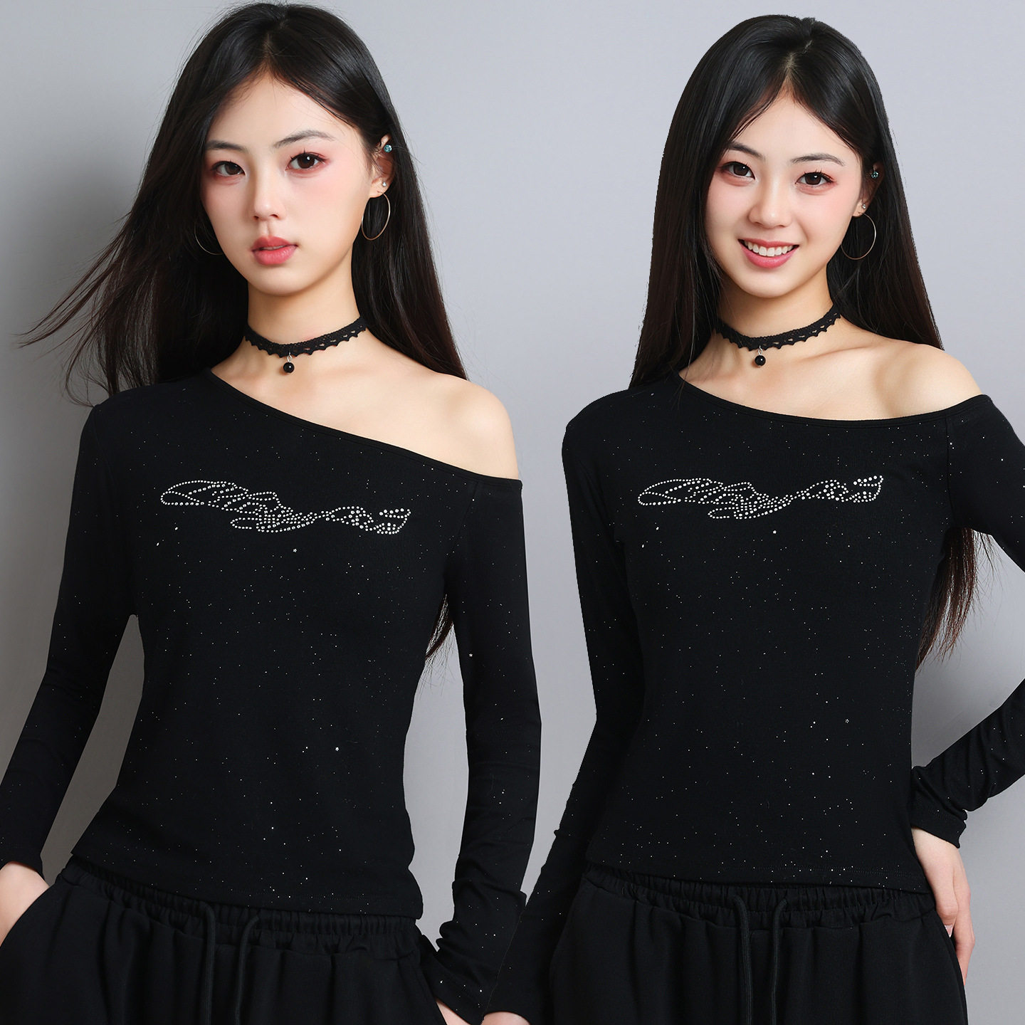 亮钻广场舞上衣女士长袖运动健身休闲服舞蹈衣新款斜肩弹力棉长袖