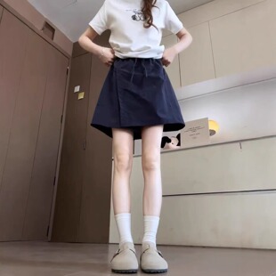 200斤藏青色山本工装裙裤女薄款大码胖mm高腰遮胯显瘦a字五分裤潮