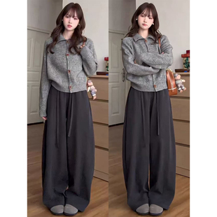 高腰显瘦垂感胖mm300斤休闲阔腿长裤 深灰慵懒风弯刀裤 女春秋大码