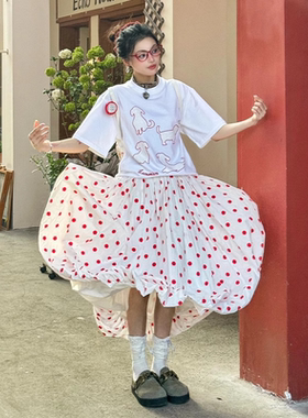 2-300斤蓬蓬花苞红色波点泡泡裙胖mm大码古早日杂裙子多巴胺半裙