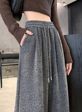 胖mm大码200斤灰色裤子女秋冬高腰垂感慵懒拖地亮丝雪尼尔阔腿裤