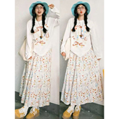 春日少女风彩色碎花半身裙女春秋大码 200斤胖mm高腰A字中长蛋糕裙