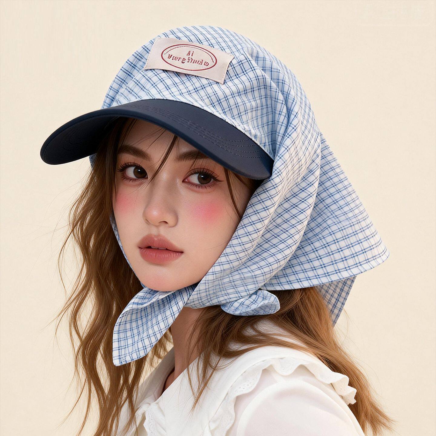 韩系格纹字母贴布头巾鸭舌帽子女夏季绑带遮脸遮阳三角巾包头帽潮