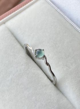 纯银通体s925银镶嵌天然蓝水翡翠简约款开口戒指手饰尾戒超细女款