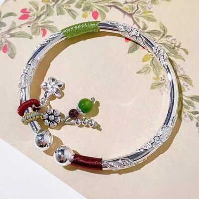 繁花似锦对珠碧玉配件银手镯女纯银实心9999足银镯子年轻款手链