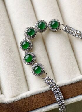 法国轻奢天然a货危料冰种阳绿翡翠手链925银镶蛋面时尚手饰