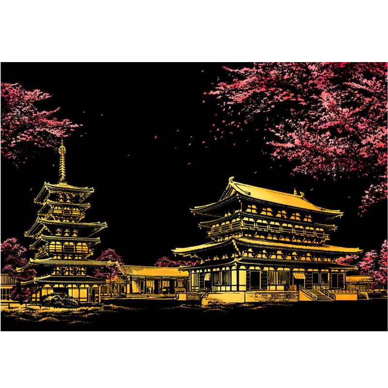 日本樱花建筑物著名城市地标建筑夜景图成人减压刮刮画房间挂画