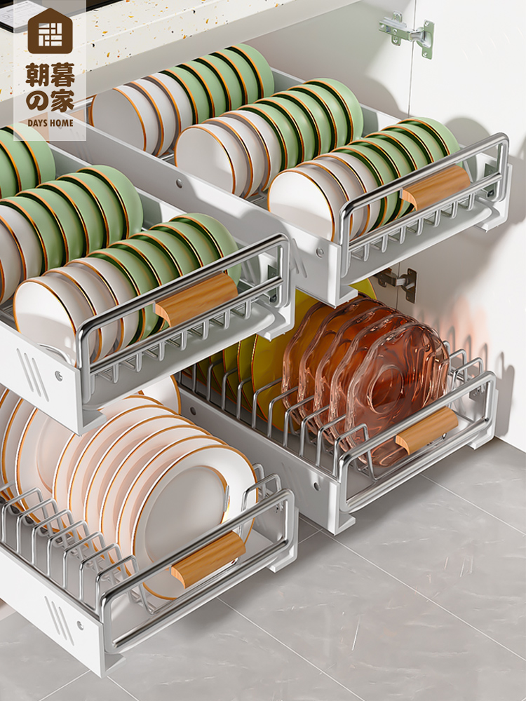 厨房抽拉碗碟收纳架不锈钢家用橱柜碗架沥水拉篮抽屉式碗盘置物架