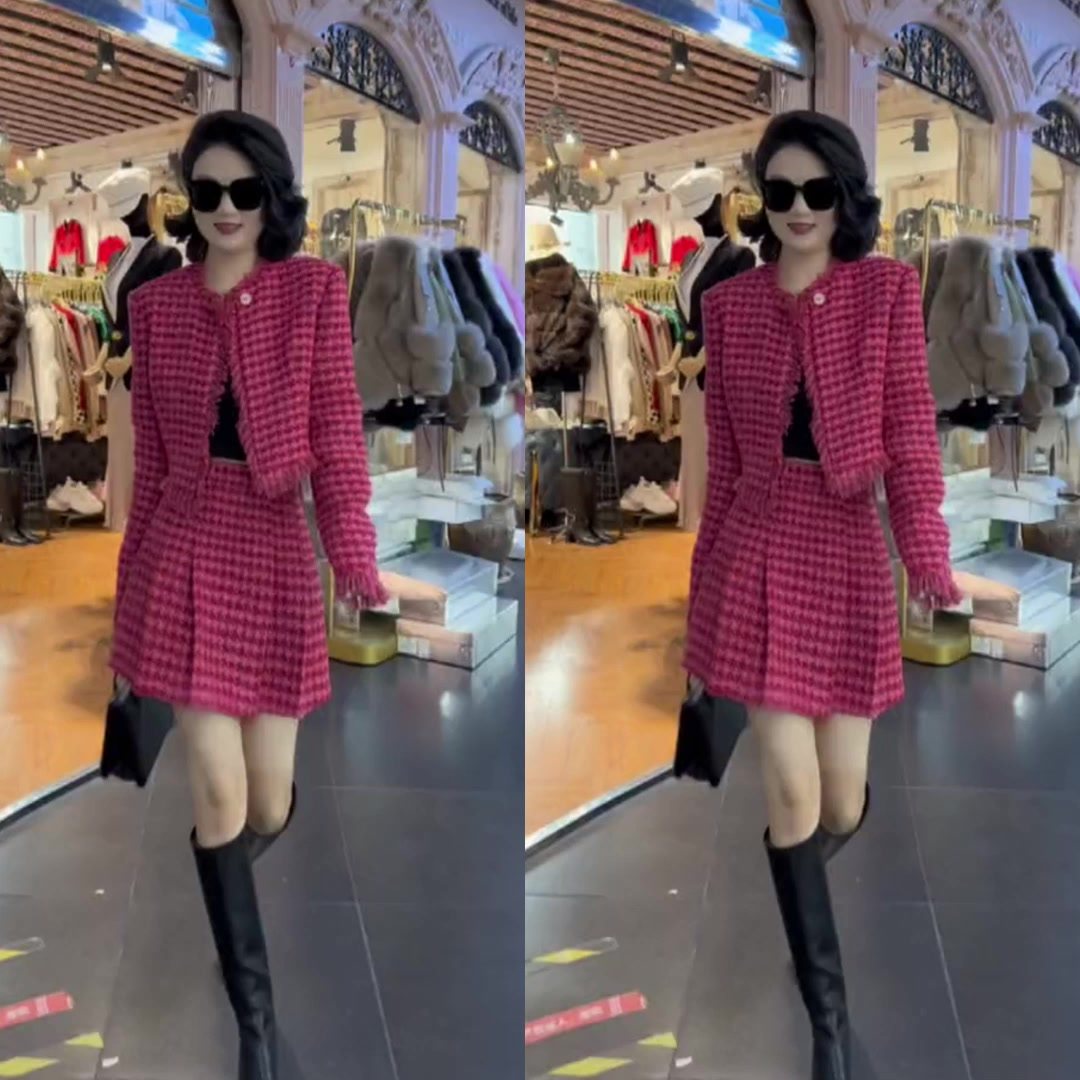 小个子玫红色小香风套装2025秋冬新款茶系御姐炸街高级感两件套女