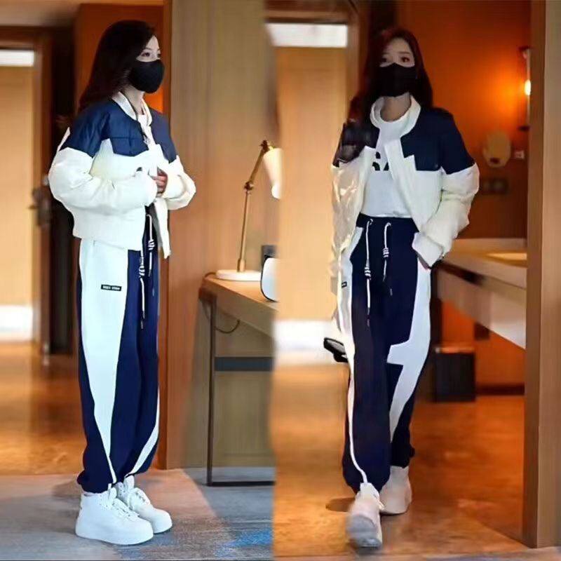 冬季新款拼接色立领棉服洋气减龄高腰撞色休闲运动卫裤女显瘦百搭