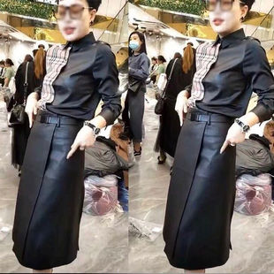 2025秋季新款翻领格子拼接长袖衬衫高腰设计感开叉皮裙半身裙女潮