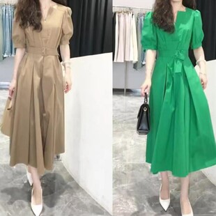 高贵超仙爆款ins过膝梨形遮肉通勤时尚洋气长款v领高档连衣裙系带