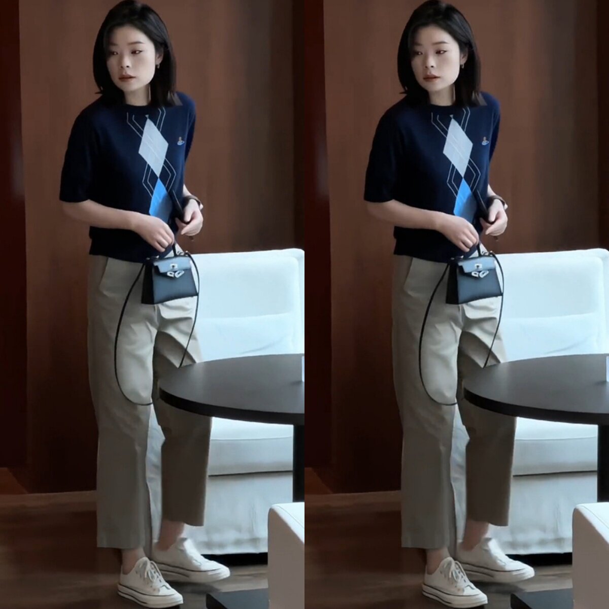 网红爆款时尚套装2025夏季新款藏蓝色圆领短袖上衣+休闲九分裤女