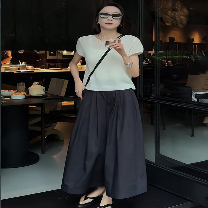 高级感休闲套装女夏季新款白色短袖防晒衫慵懒风阔腿裤裙两件套