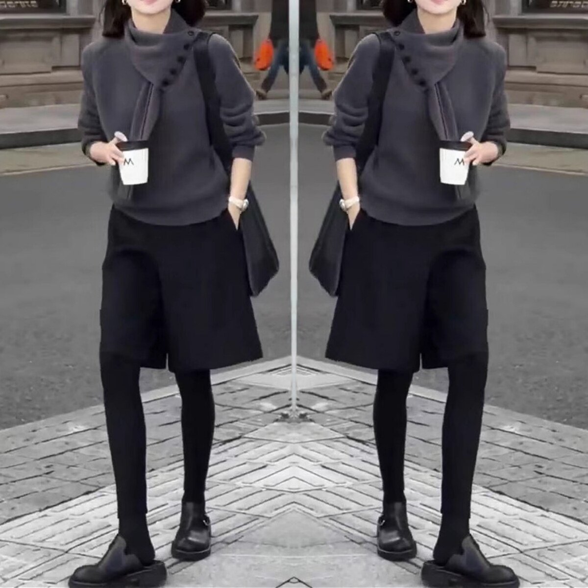 冬季一整套穿搭高级感欧货设计感针织衫毛衣女阔腿五分裤宽松洋气