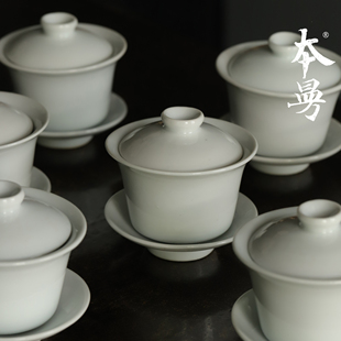 本曼山房70年代马蹄三才盖碗柴窑白瓷白釉茶碗德化老厂瓷器茶道具