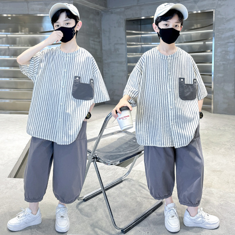 男童短袖体恤条纹7分马裤两件套一二三四五六年级初中小学生靓仔