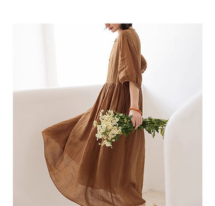 春夏纯苎麻宽皱肌理感新V领中式轻盈通透仙气连衣裙复古文艺小众