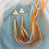 古风头饰丝带后压可拆卸长流苏仙气飘带遥遥发饰汉服发冠发夹蓝色