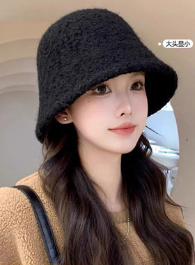 帽子女秋冬季羊羔毛渔夫帽黑色素颜显脸小水桶帽大脸保暖毛绒盆帽