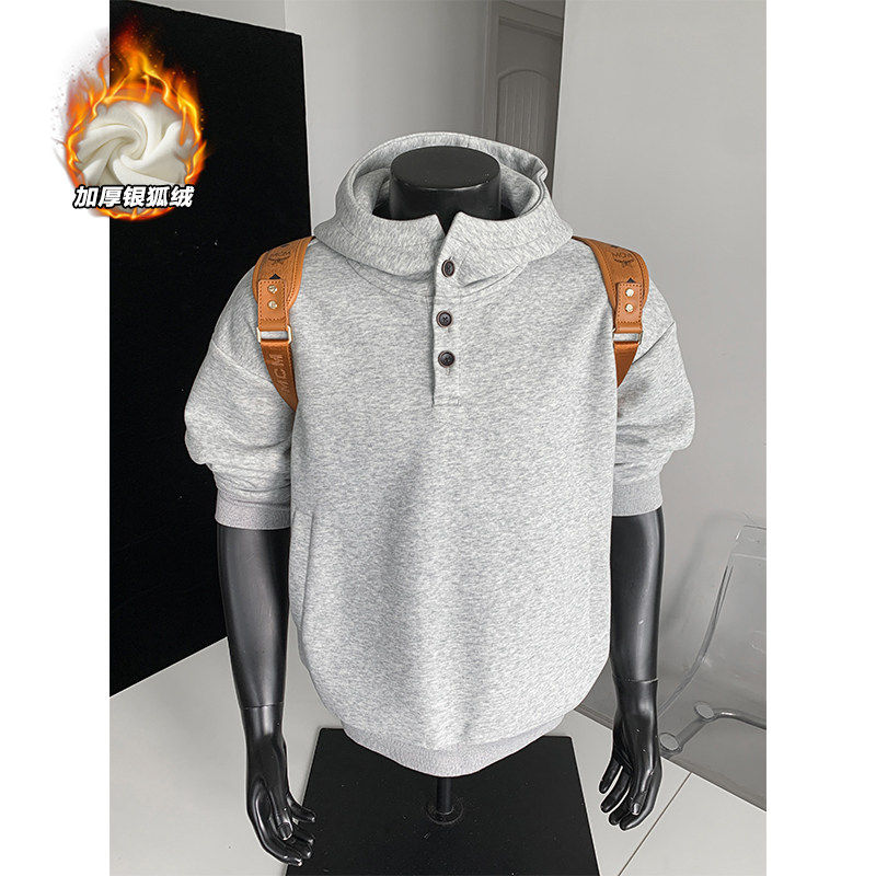 cleanfit美式复古灰色连帽卫衣男款冬季加绒保暖加厚重磅帽衫外套