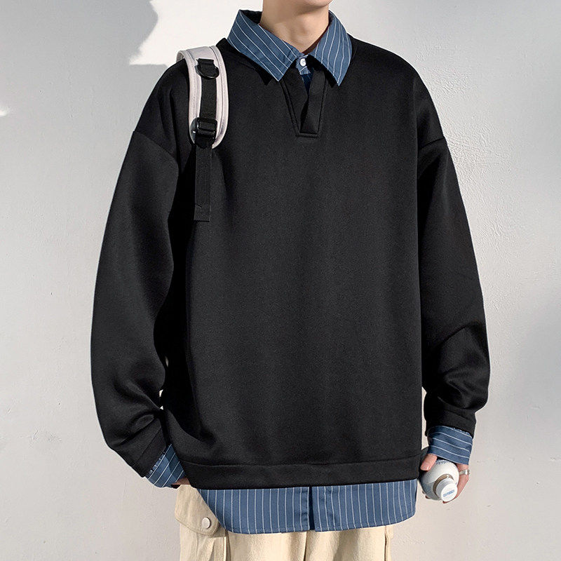 老钱风条纹撞色衬衫领套头卫衣Polo衫春季美式假两件长袖T恤上衣