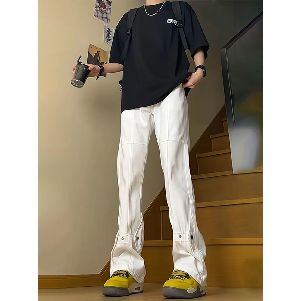 美式高街白色牛仔裤男款夏季修身显瘦微喇裤直筒宽松排扣休闲裤子