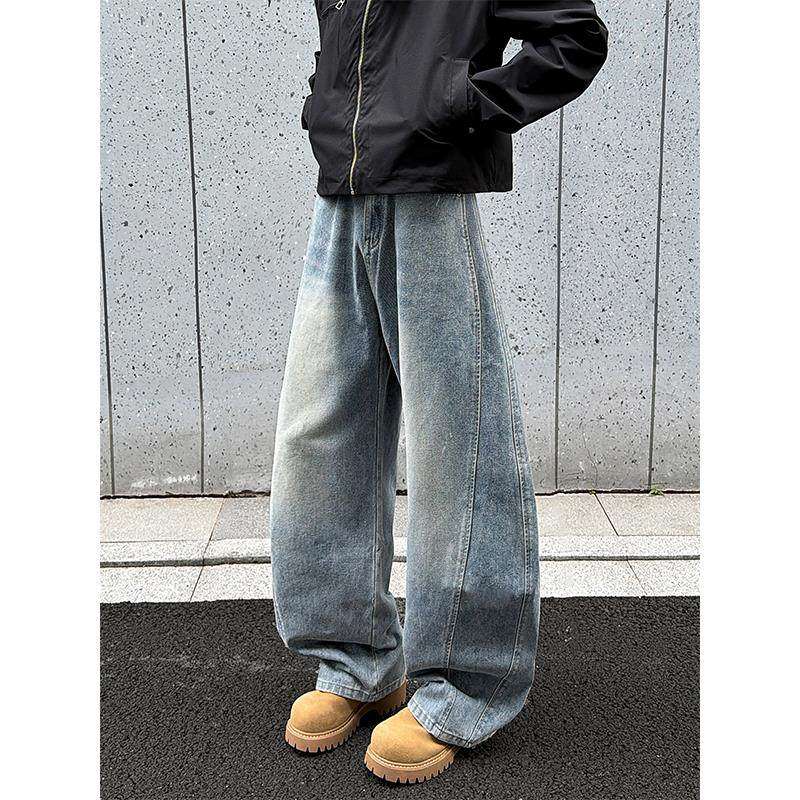 水洗拼接弯刀牛仔裤男款春季复古高街痞帅青年宽松阔腿拖地长裤子,男装,牛仔裤,淘宝优惠券,粉丝福利购,淘宝优惠卷