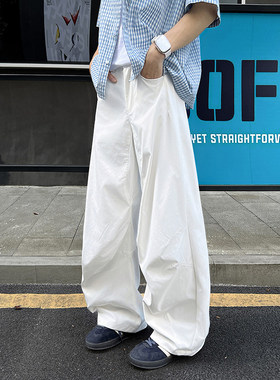美式复古高级感cleanfit白色弯刀裤男女潮流宽松阔腿直筒休闲长裤