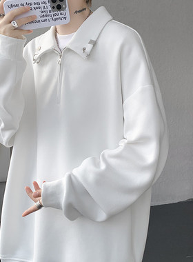 金属扣半拉链polo领卫衣男春秋高街oversize宽松大码套头纯色外套