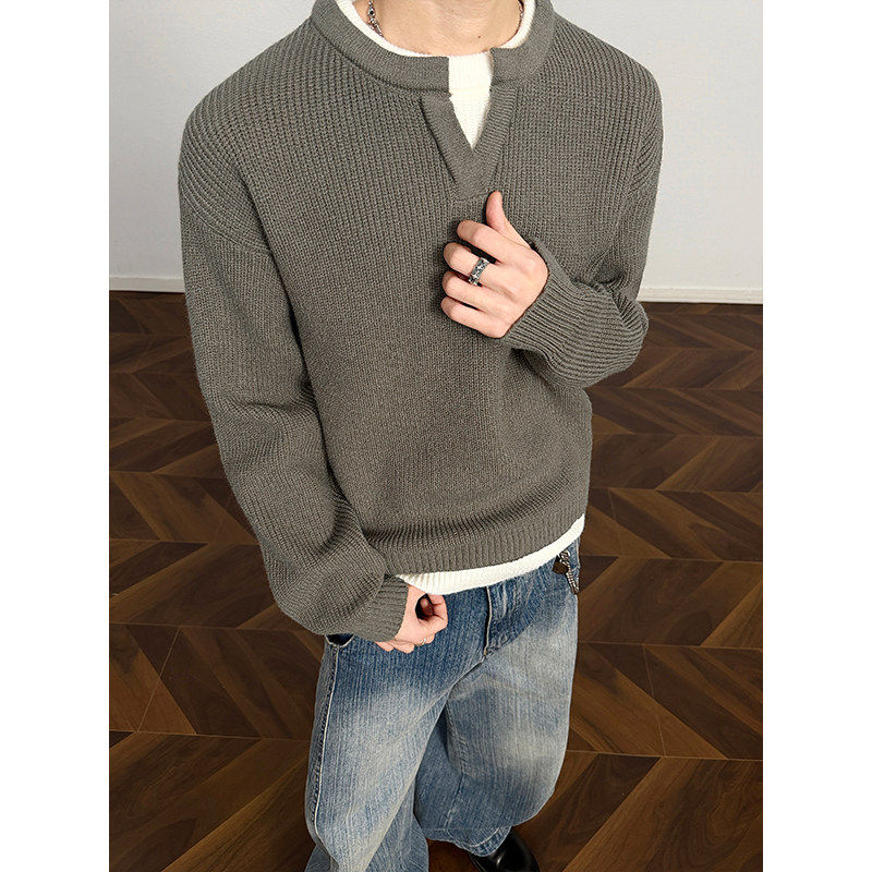 拼接设计感假两件V领针织衫男款冬季穿搭韩系慵懒风套头毛衣外套